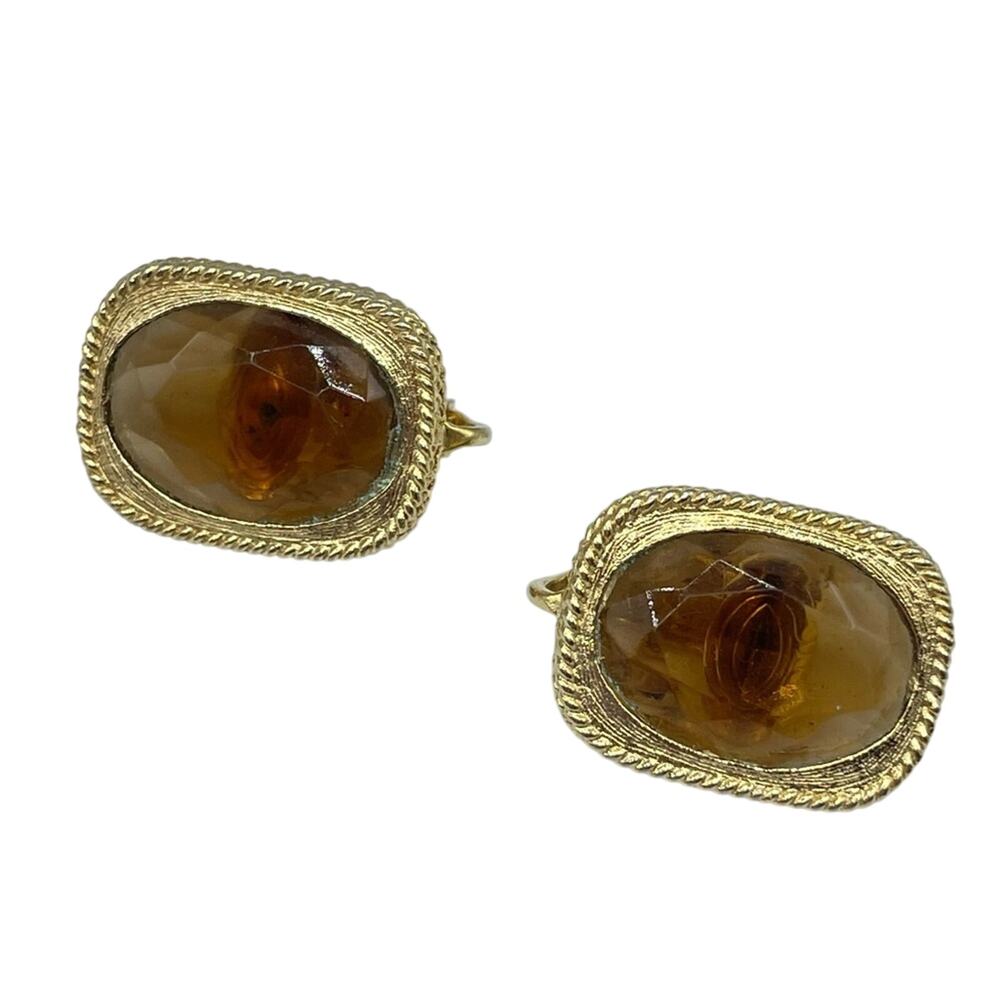 Sarah Coventry Vintage Brown Facetted Glass Gold Tone Clip On Earrings Estate